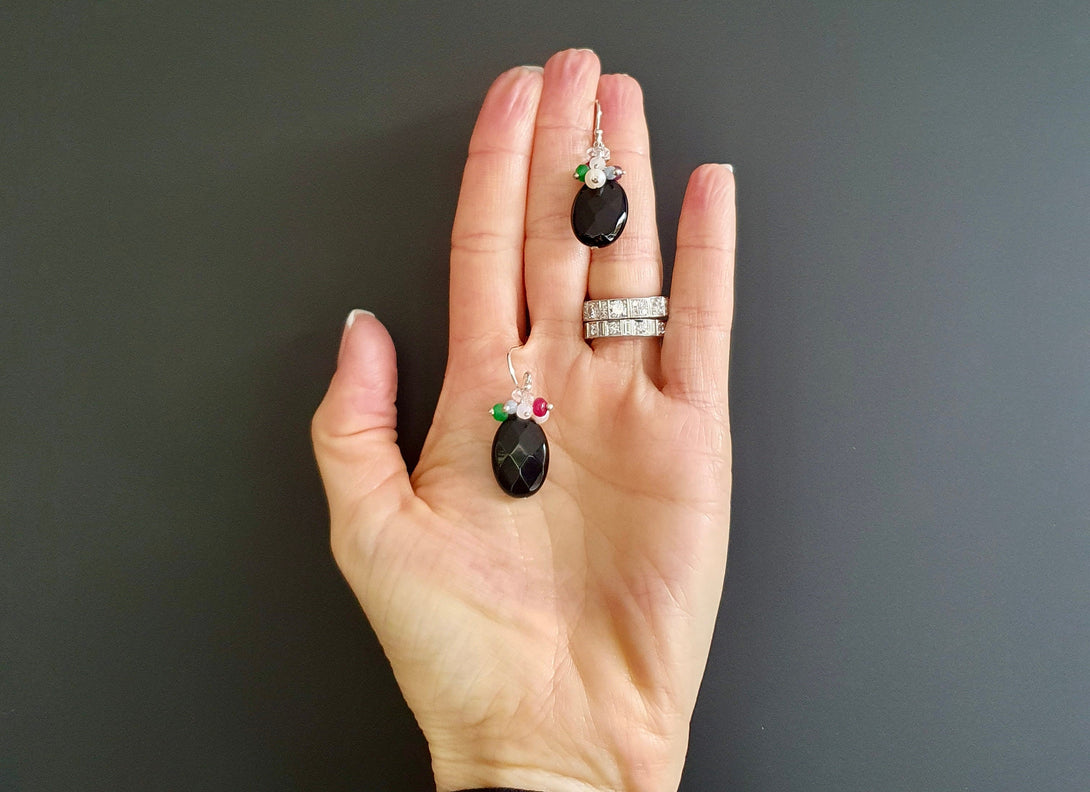 Elegant Onyx Drop Earring With Gemstone Cluster, Birthstone Jewellery