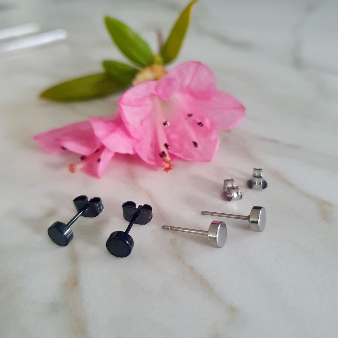 Titanium Flat Disc Stud Earrings, Silver Or Black