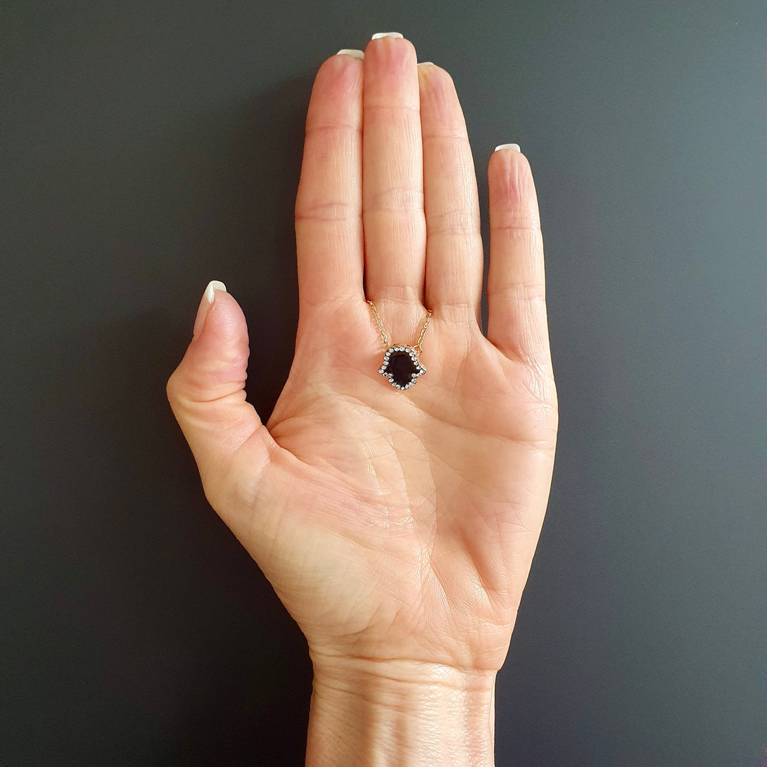 Hamsa Necklace, Black Enamel And Zircon, Protective And Symbolic Jewellery