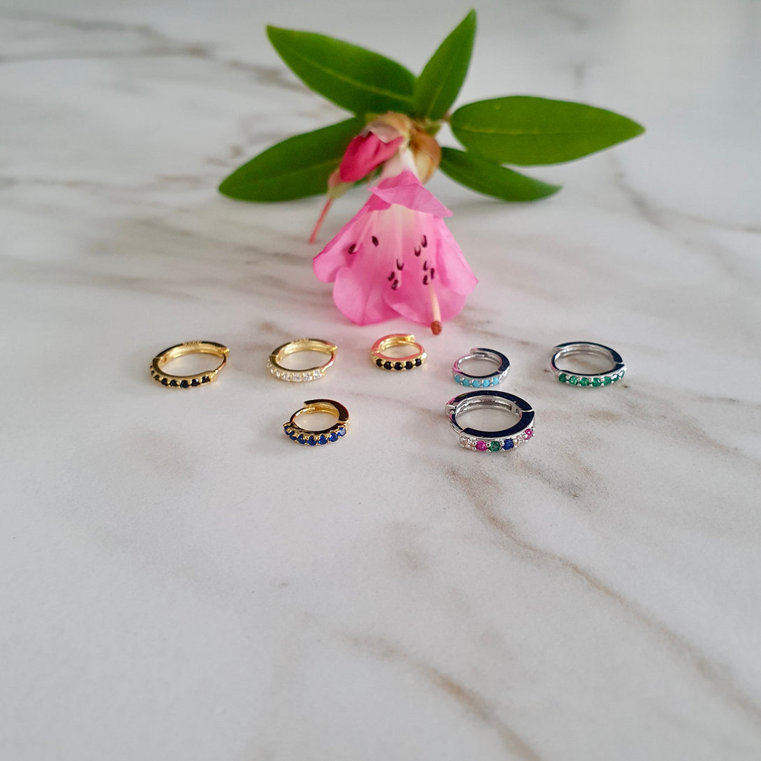 Single Or Pair Of Mini Coloured Stone Hoop Earrings In Sterling Silver And Gold