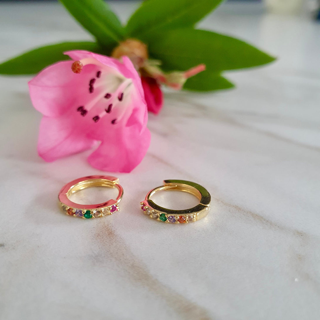 Single Or Pair Of Mini Coloured Stone Hoop Earrings In Sterling Silver And Gold