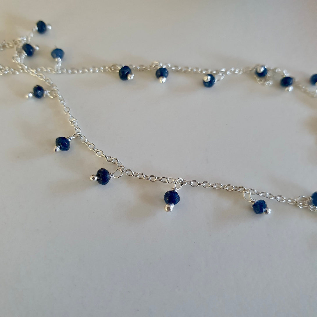 Dainty Sapphire Bead Necklace In Sterling Silver, September Birthstone