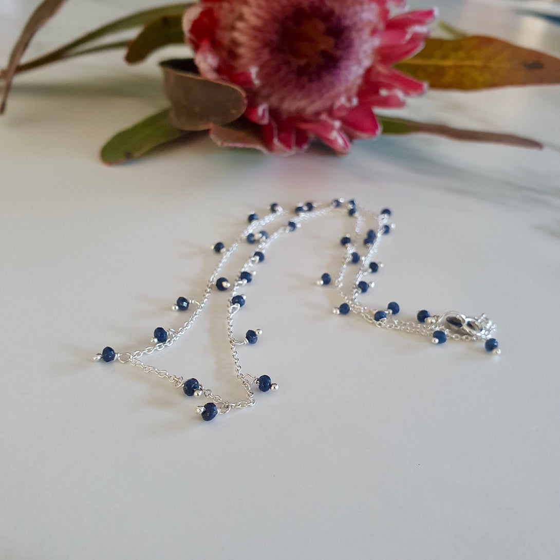 Dainty Sapphire Bead Necklace In Sterling Silver, September Birthstone