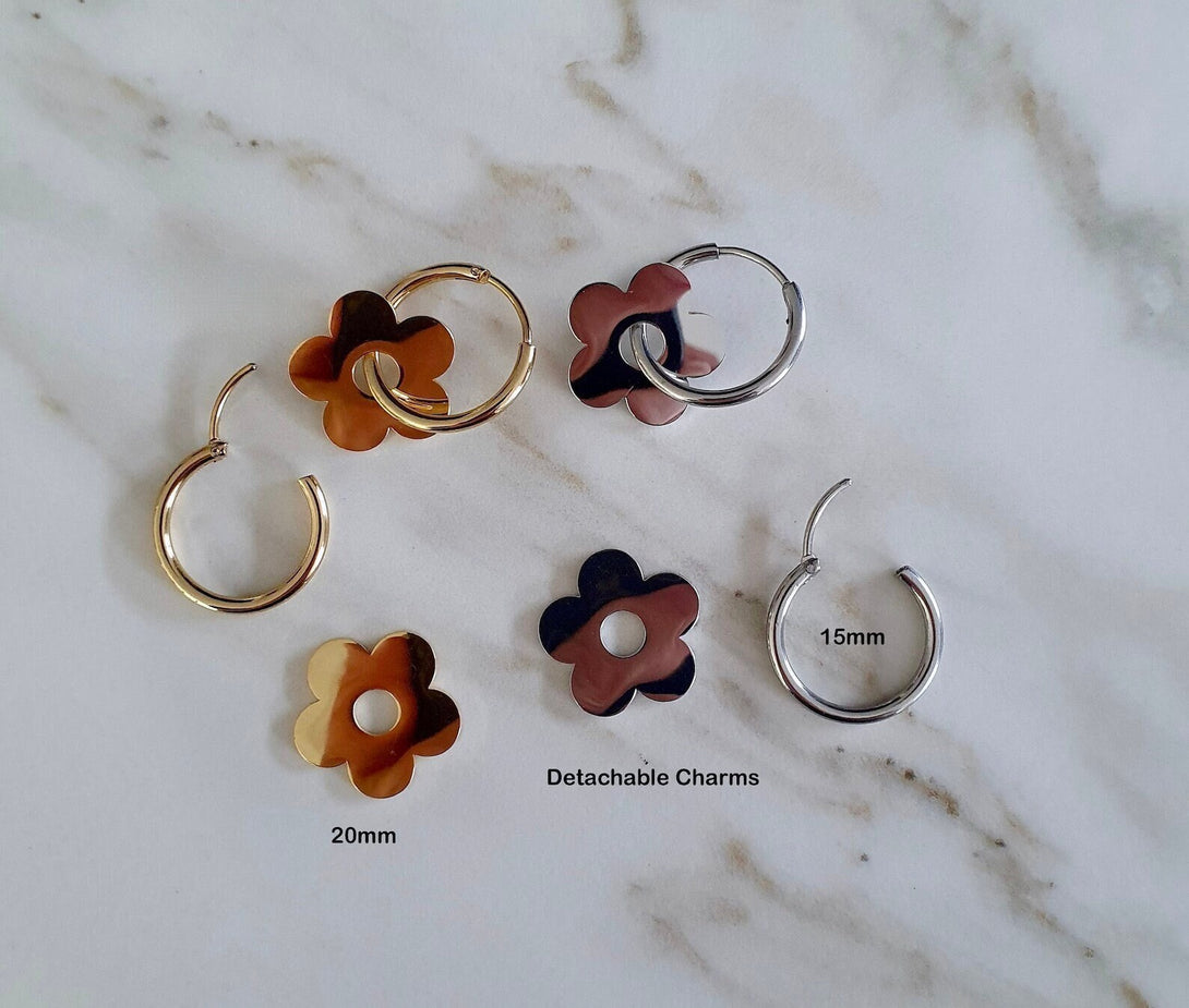 Flower Charm Hoops In Titanium, Hypoallergenic Jewellery, Hoops Two Ways