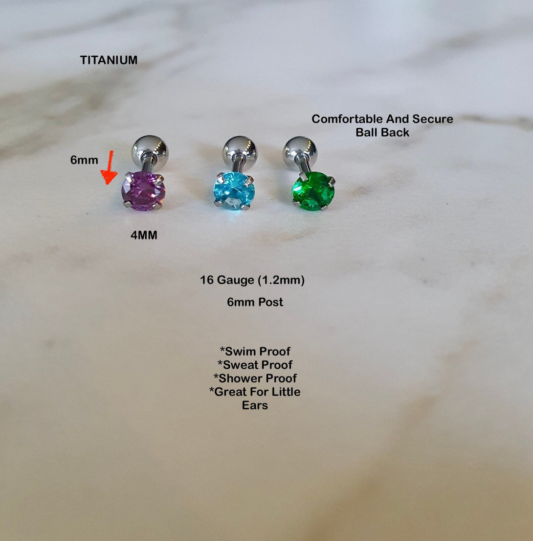 Pair Of Titanium Ball Back Birthstone Studs, Secure Screw Back Earrings For Kids, Multi Piercings, Helix, Cartilage