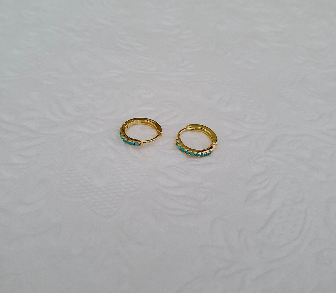 Single Or Pair Of Mini Turquoise Hoop in Sterling Silver Or Gold