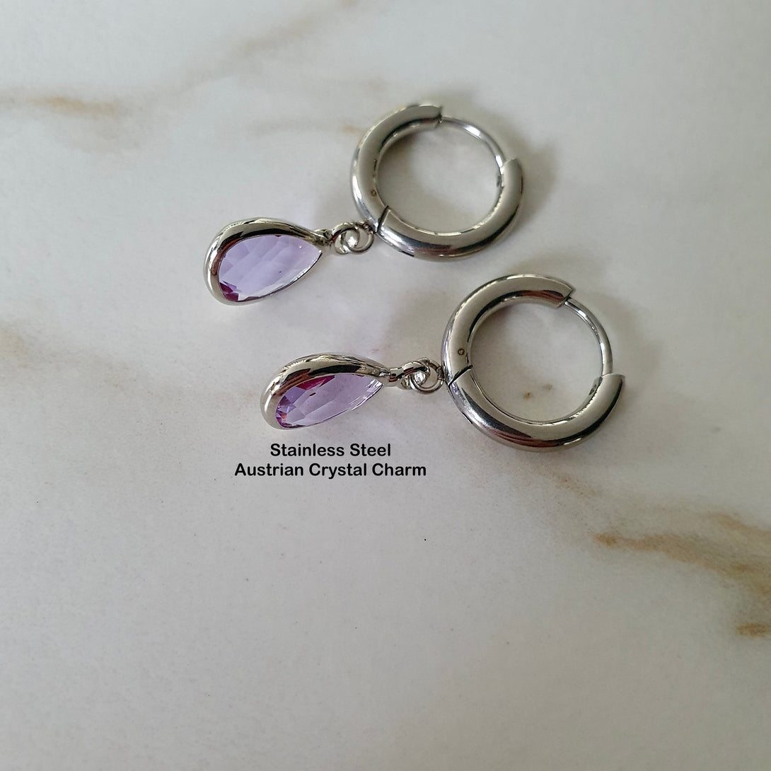 Titanium Hoop Earrings with Stunning Teardrop Austrian Crystal Charms