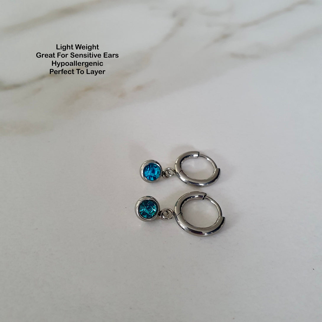 Small Titanium Hoops With Austrian Crystal Charms, Everyday Layer Earrings