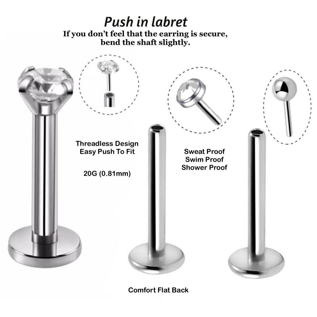 Threadless Push In Flat Back CZ Labret, Helix, Conch, Daith, Tragus, Stud Earring, 20G, 316L Surgical Steel SINGLE