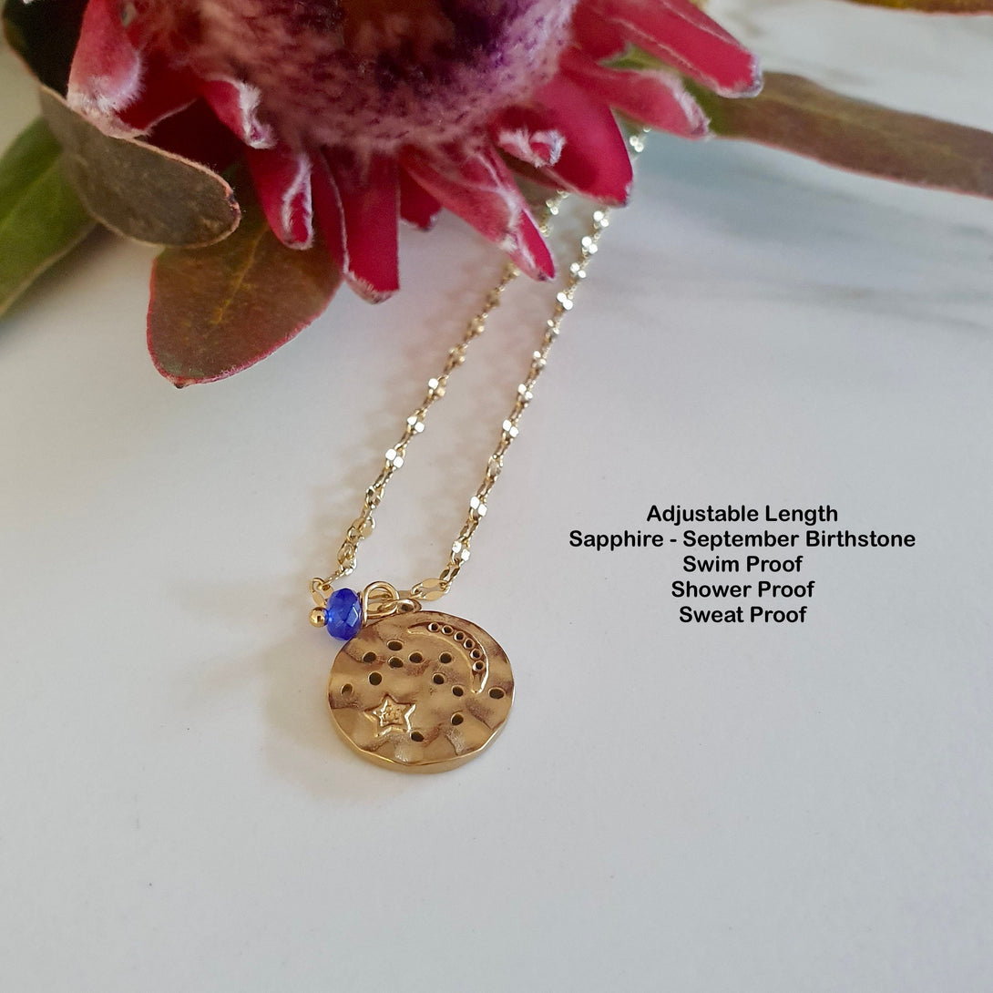 Gold or Silver Stainless Steel Sparkle Chain with Moon and Star Pendant Charm and Single Blue Dangle Sapphire, September Birthstone