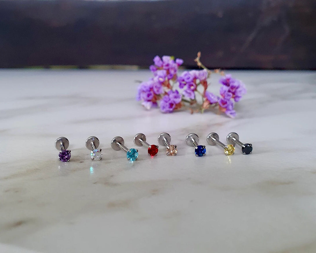 Threadless Titanium Push Pin Claw Set CZ Top, Labret, Conch, Tragus, Lobe, Cartilage, Monroe Piercing In Many Colours, 16G 3mm