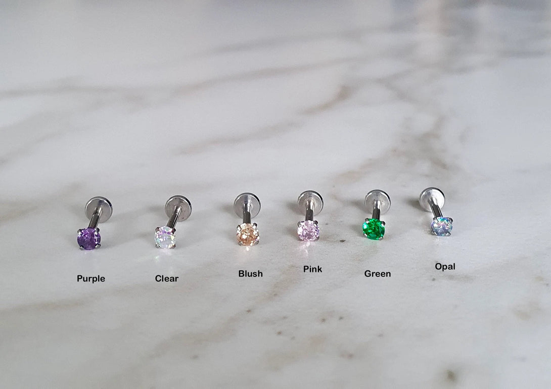 Threadless Titanium Push Pin Claw Set CZ Top, Labret, Conch, Tragus, Lobe, Cartilage, Monroe Piercing In Many Colours, 16G 3mm