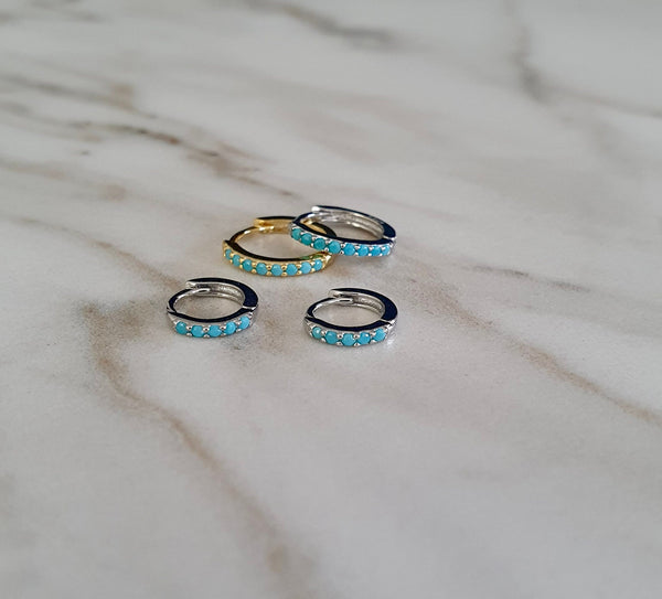 Single Or Pair Of Mini Turquoise Hoop in Sterling Silver Or Gold