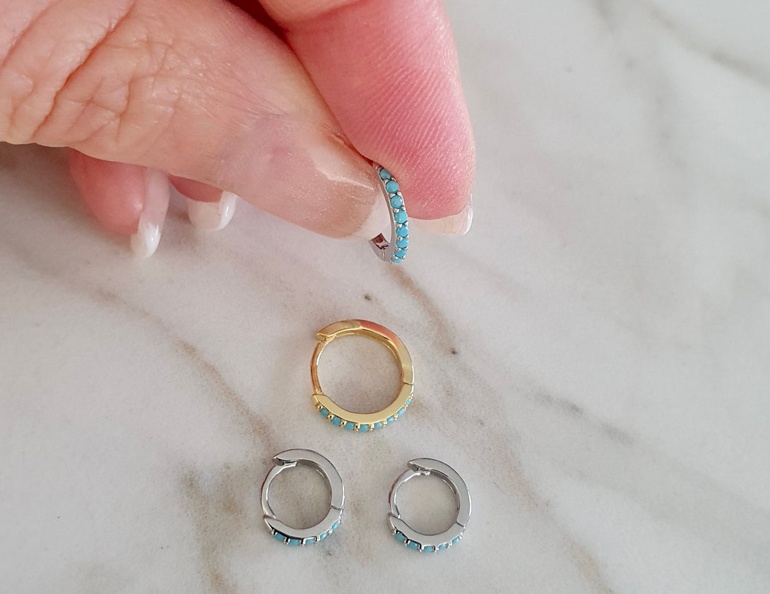 Single Or Pair Of Mini Turquoise Hoop in Sterling Silver Or Gold