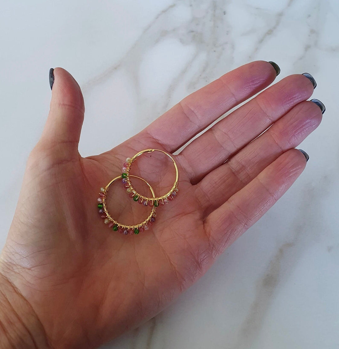 Handcrafted Wire Wrapped Coloured Stone Hoop Earrings In 18K Gold Plated Sterling Silver, Boho Chic Jewellery, Unique Gift for Her