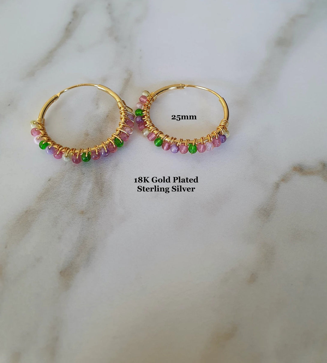 Handcrafted Wire Wrapped Coloured Stone Hoop Earrings In 18K Gold Plated Sterling Silver, Boho Chic Jewellery, Unique Gift for Her