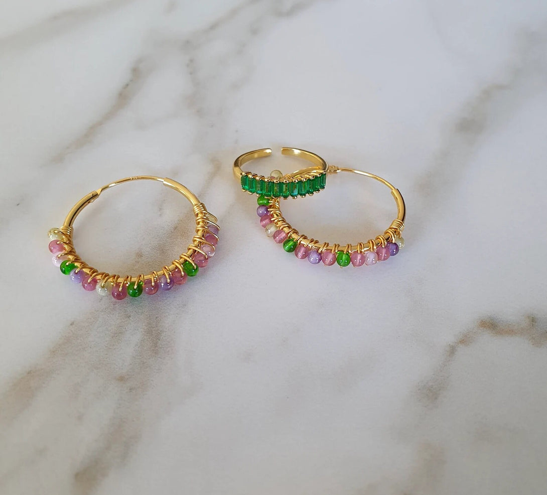 Handcrafted Wire Wrapped Coloured Stone Hoop Earrings In 18K Gold Plated Sterling Silver, Boho Chic Jewellery, Unique Gift for Her