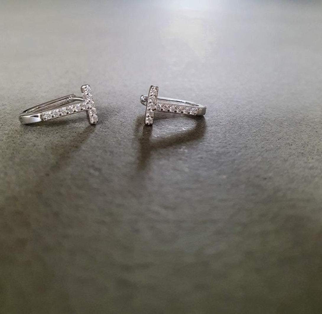 T-Bar Huggie Hoop Earrings In Sterling Silver And CZ, Minimalist Style, Everyday Jewellery, Gift for Her