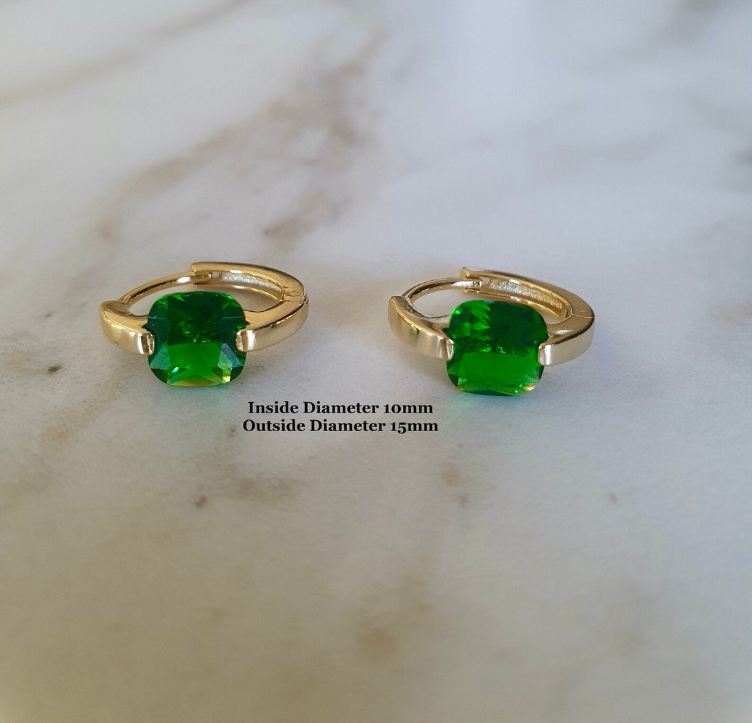 Huggie Hoop Earrings With Blue Or Green Emerald Cut Cubic Zirconia In Sterling Silver Or Gold