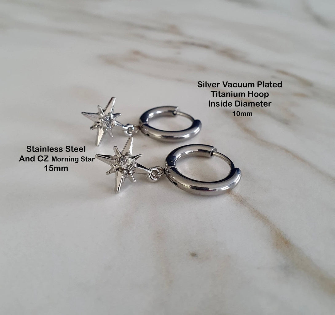 Titanium Hoop Morning Star Charm Earrings, Symbolic Jewellery