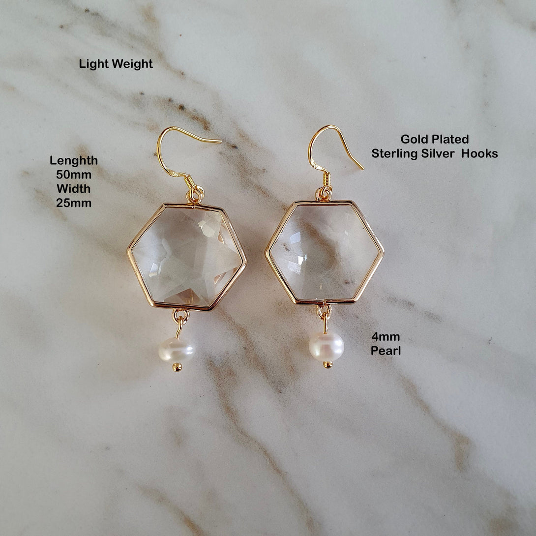 Clear Drop Earrings with 4mm Pearl Dangle, Gold Framed, Bridal Jewelry, June Birthstone, Gold-Plated Sterling Silver Hooks