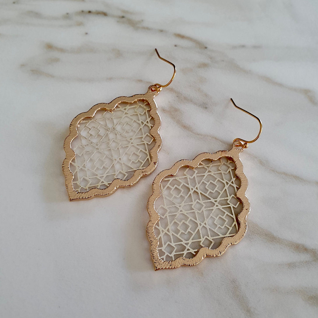 Gold Moroccan Filigree Drop Earrings, Handcrafted Bohemian Jewellery