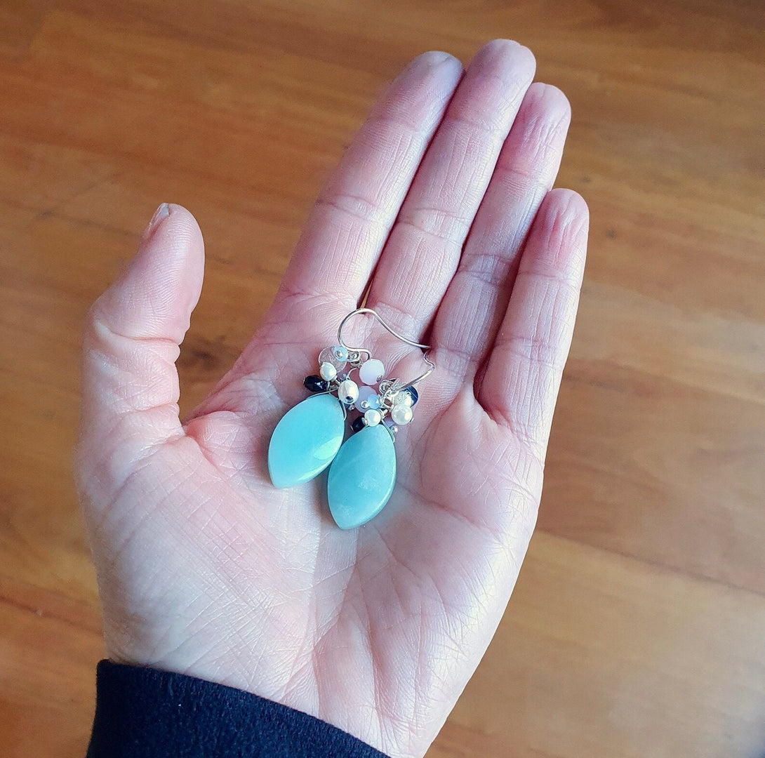 Amazonite Gemstone Cluster Earrings, Handmade In Sterling Silver, Boho Jewellery, Natural Stone Statement Earrings, Gift for Her