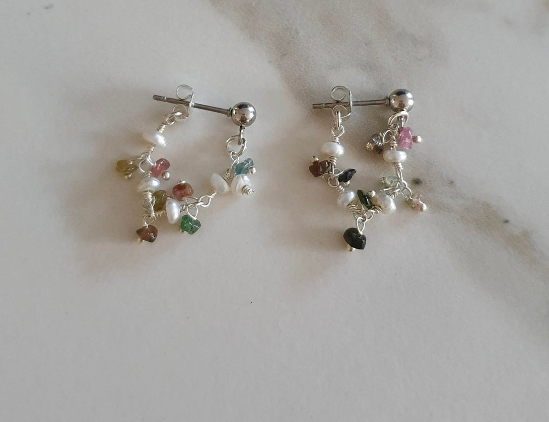 Tourmaline And Pearl Chain Hoop Earrings, June And October Birthstone Jewellery