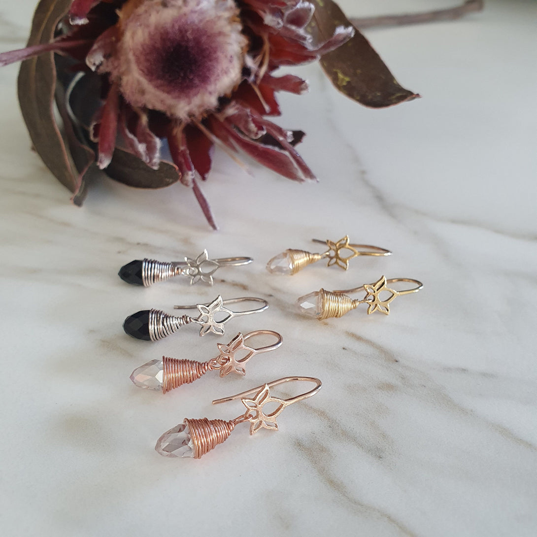 Symbolic Lotus Drop Earrings In Sterling Silver With Austrian Crystal | Silver, Gold, Rose Gold Options