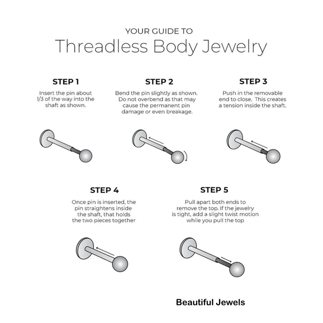 Threadless Titanium Push Pin Claw Set CZ Top, Labret, Conch, Tragus, Lobe, Cartilage, Monroe Piercing In Many Colours, 16G 3mm