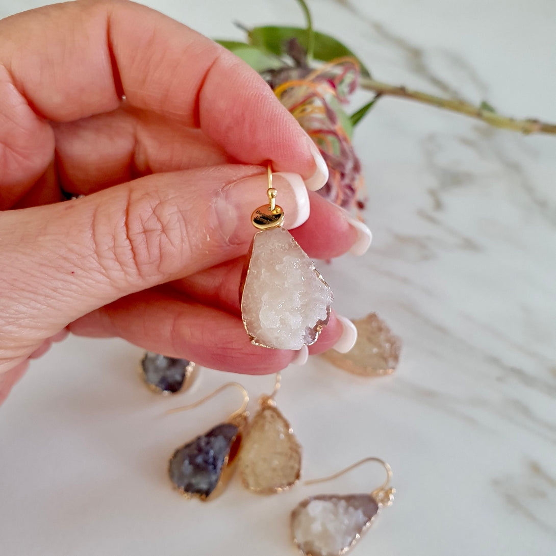 Druzy Quartz Crystal Drop Earrings, Gold Electroplated, White, Clear, Black Options, Bohemian Jewellery