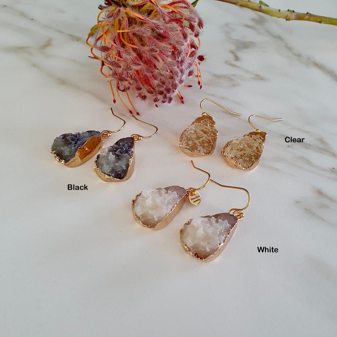 Druzy Quartz Crystal Drop Earrings, Gold Electroplated, White, Clear, Black Options, Bohemian Jewellery