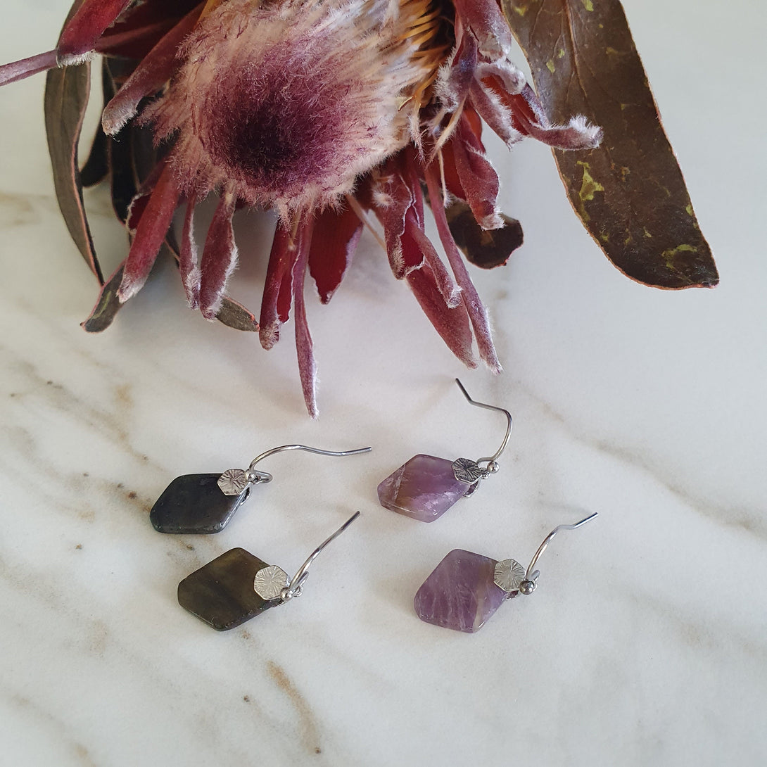 Amethyst Or Labradorite Sterling Silver Gemstone Drop Earrings, February And March Birthstone Jewellery