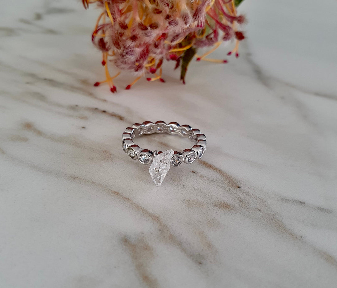 Eternity Ring with Herkimer Diamond Center Stone, Wire-Wrapped, April Birthstone, Sterling Silver Gemstone Ring, Unique Gift for Her