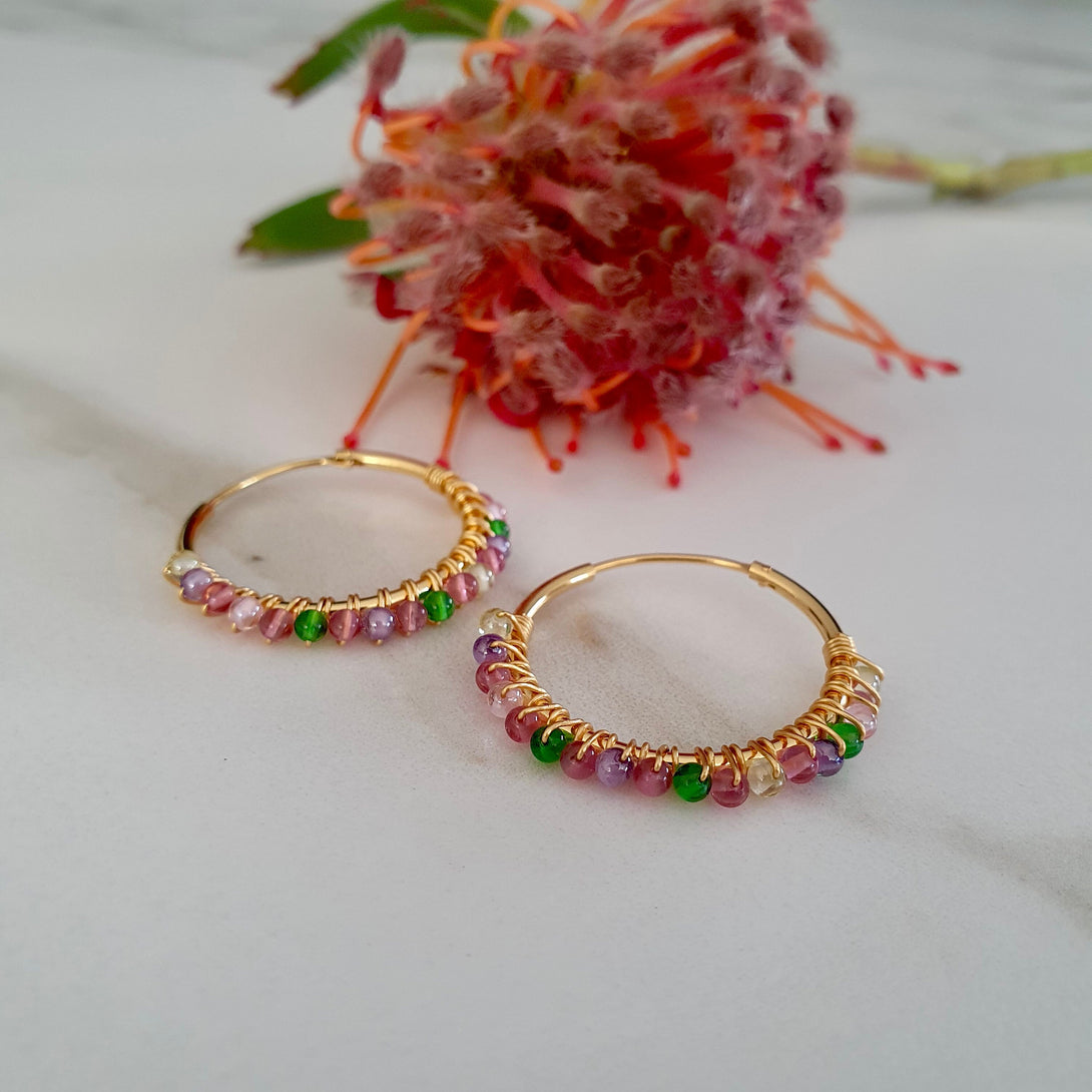 Handcrafted Wire Wrapped Coloured Stone Hoop Earrings In 18K Gold Plated Sterling Silver, Boho Chic Jewellery, Unique Gift for Her