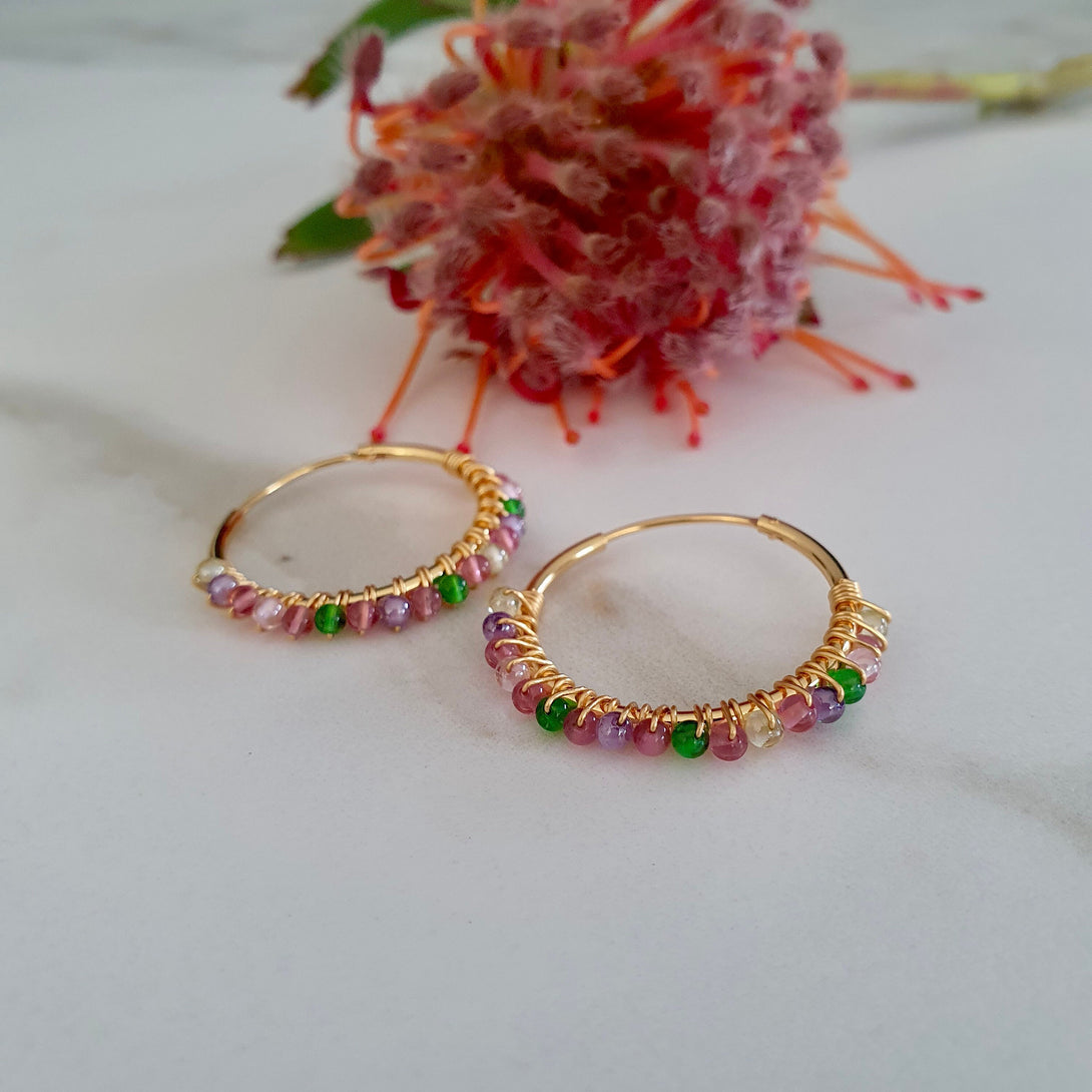 Handcrafted Wire Wrapped Coloured Stone Hoop Earrings In 18K Gold Plated Sterling Silver, Boho Chic Jewellery, Unique Gift for Her