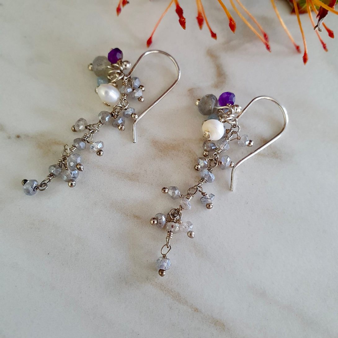 Handcrafted Sterling Silver Birthstone Gemstone and Pearl Drop Earrings, Symbolic Zodiac Gifts