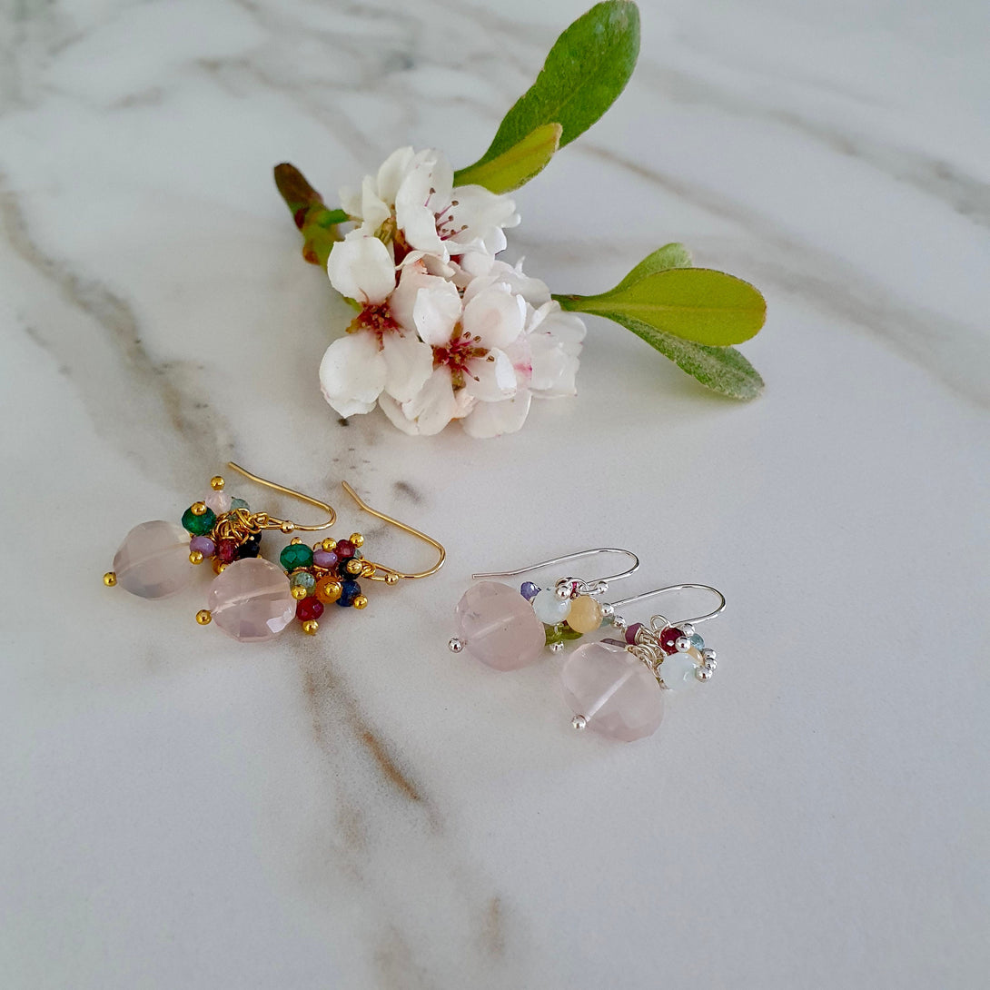 Rose Quartz Cluster Earrings, Gemstone Jewelry, Love & Peace, October Birthstone, Sterling Silver or Gold Plated