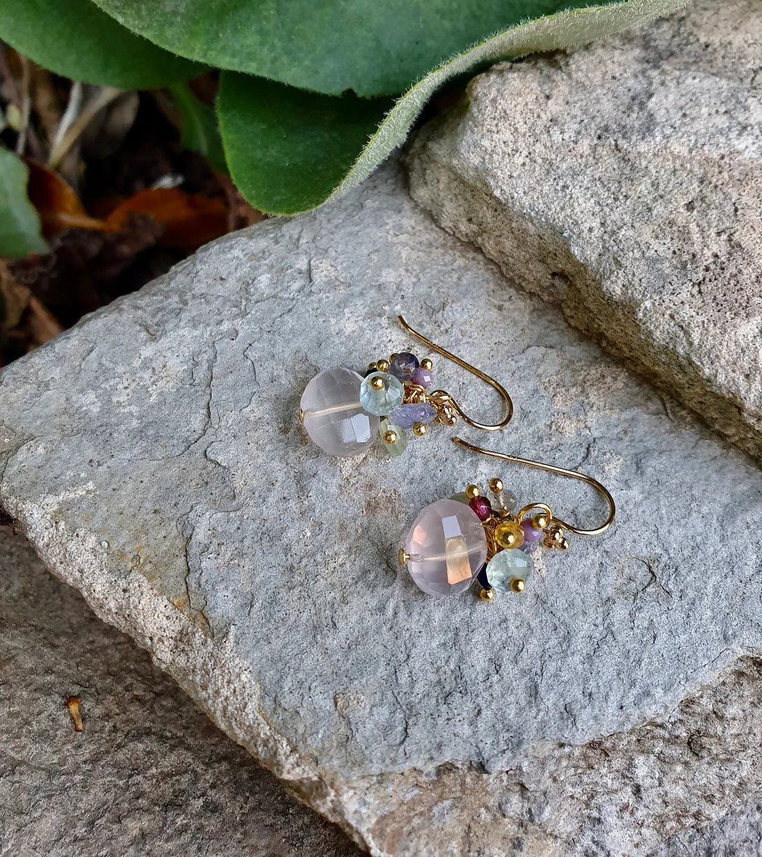 Rose Quartz Cluster Earrings, Gemstone Jewelry, Love & Peace, October Birthstone, Sterling Silver or Gold Plated