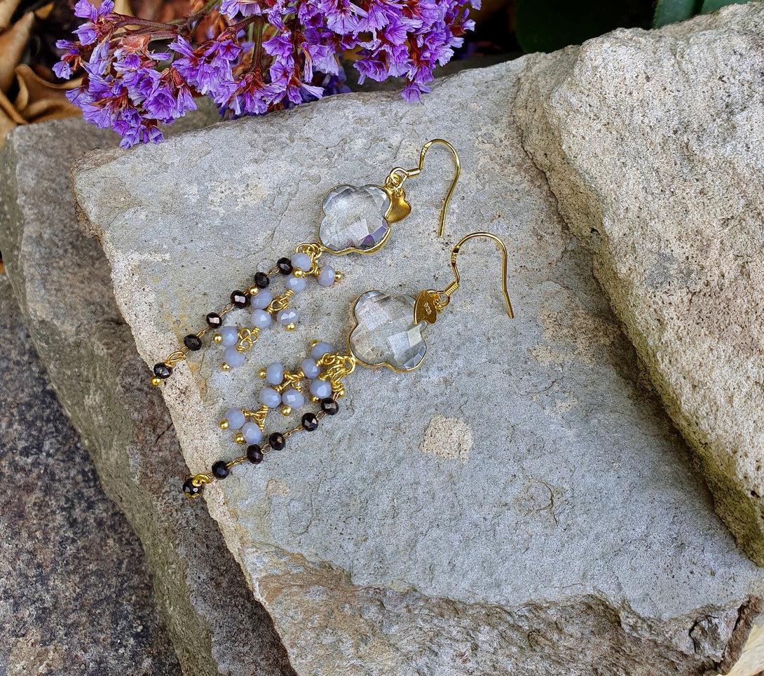 Birthstone Earrings with Clear Quartz Clover Charm and Onyx And Moonstone ChainTassel In Gold Plated Sterling Silver