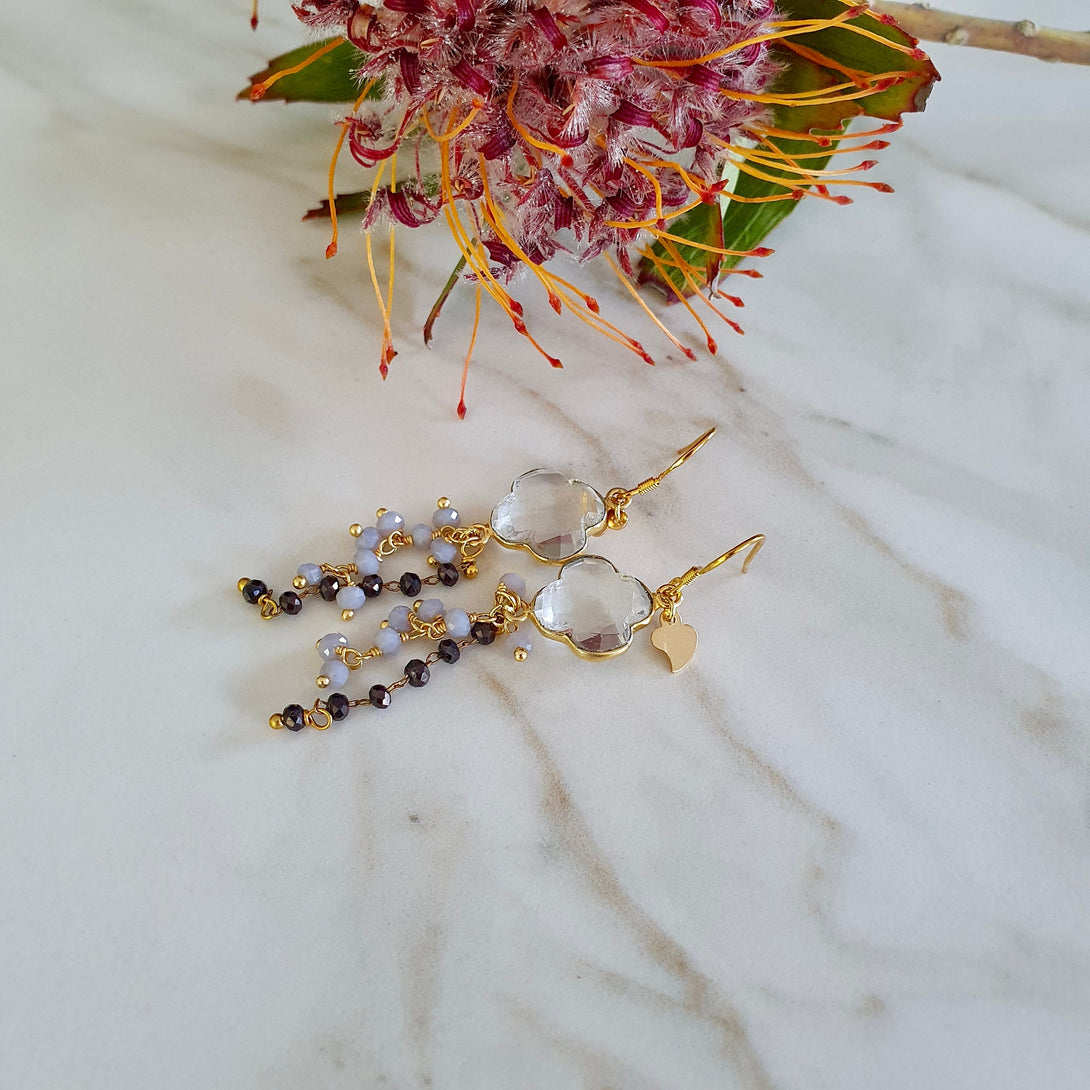 Birthstone Earrings with Clear Quartz Clover Charm and Onyx And Moonstone ChainTassel In Gold Plated Sterling Silver