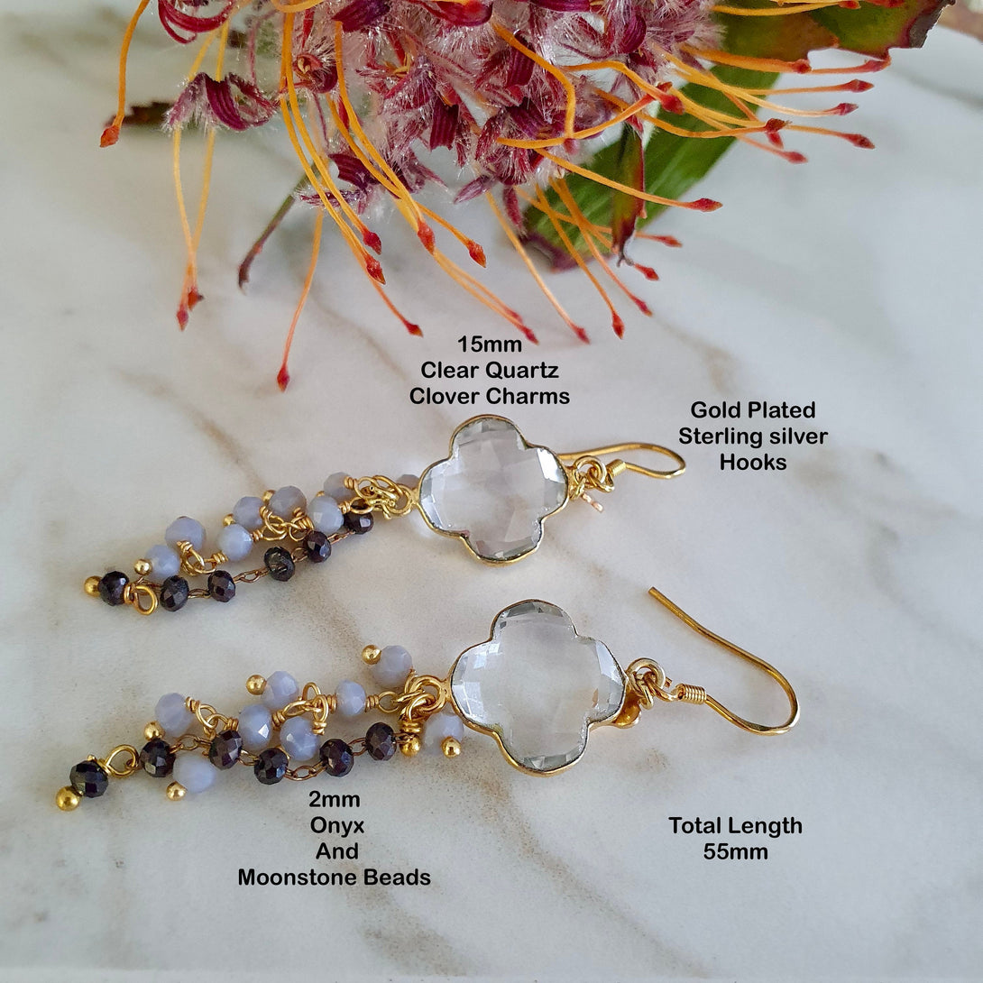 Birthstone Earrings with Clear Quartz Clover Charm and Onyx And Moonstone ChainTassel In Gold Plated Sterling Silver