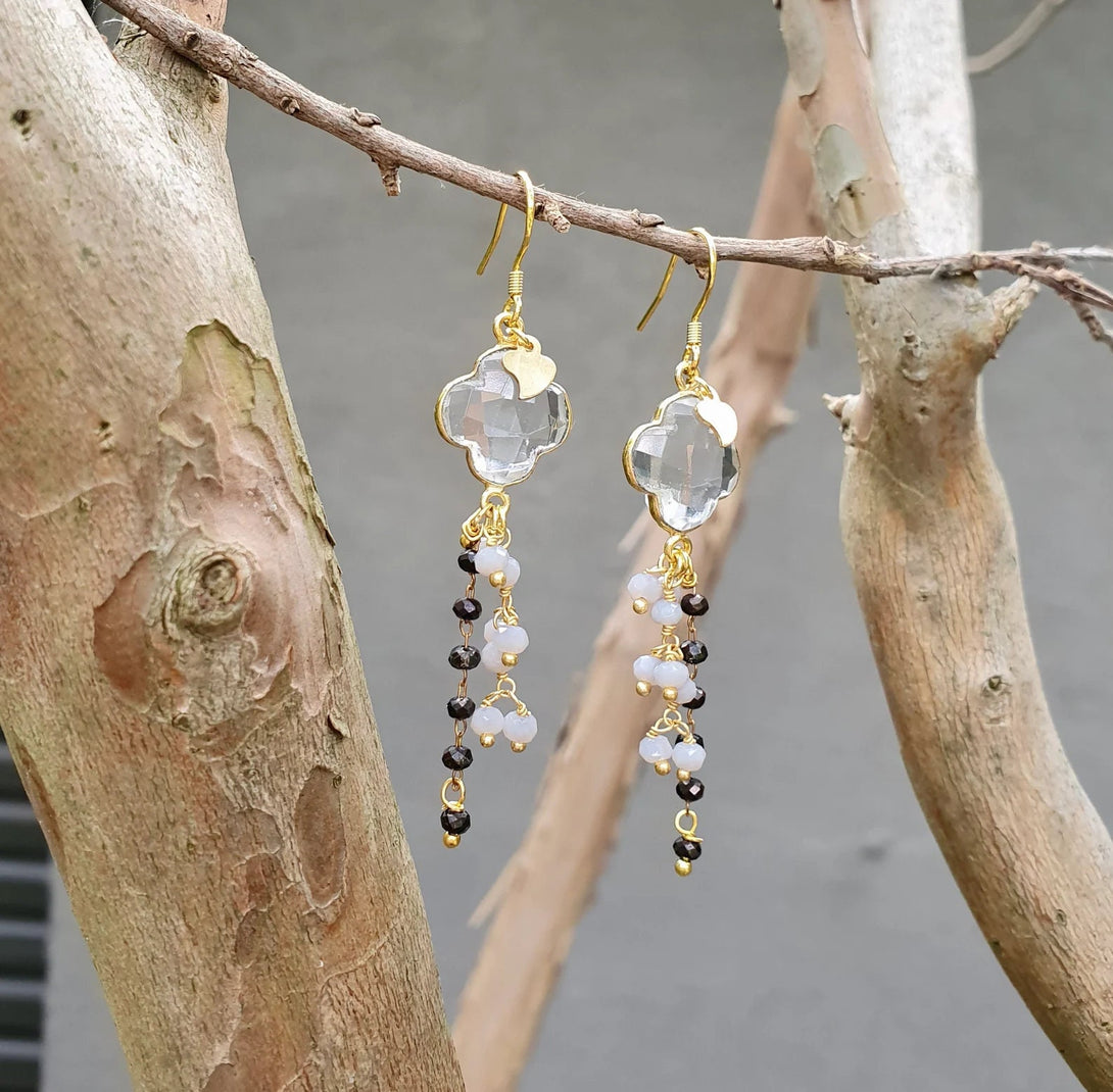 Birthstone Earrings with Clear Quartz Clover Charm and Onyx And Moonstone ChainTassel In Gold Plated Sterling Silver