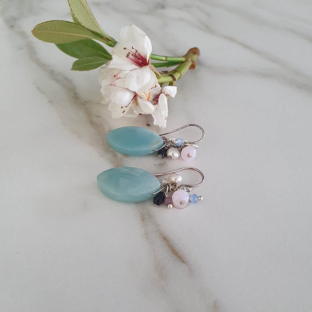 Amazonite Gemstone Cluster Earrings, Handmade In Sterling Silver, Boho Jewellery, Natural Stone Statement Earrings, Gift for Her