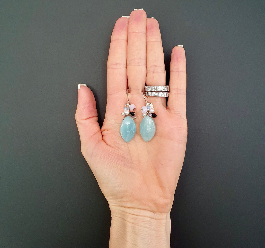 Amazonite Gemstone Cluster Earrings, Handmade In Sterling Silver, Boho Jewellery, Natural Stone Statement Earrings, Gift for Her