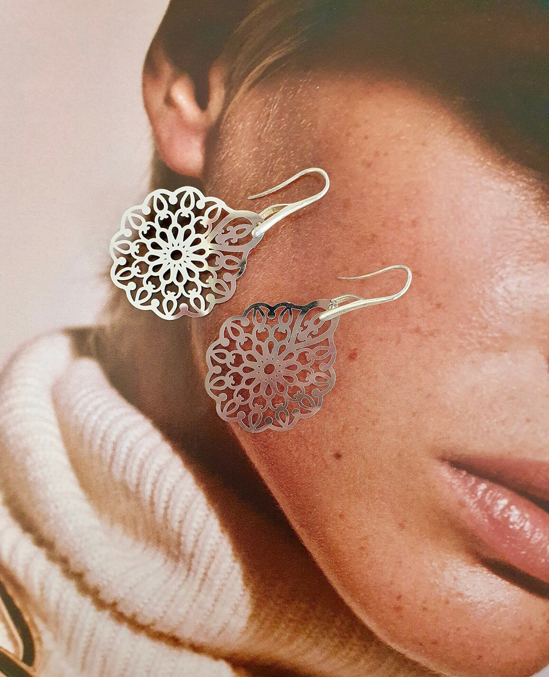 Moroccan Style Laser Cut Silver Stainless Steel Mandala Drop Earrings, Symbolic Gifts