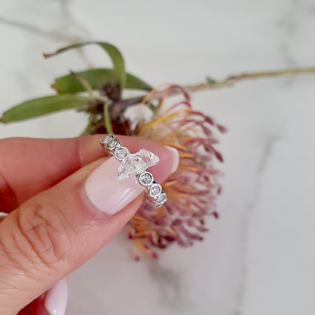 Eternity Ring with Herkimer Diamond Center Stone, Wire-Wrapped, April Birthstone, Sterling Silver Gemstone Ring, Unique Gift for Her