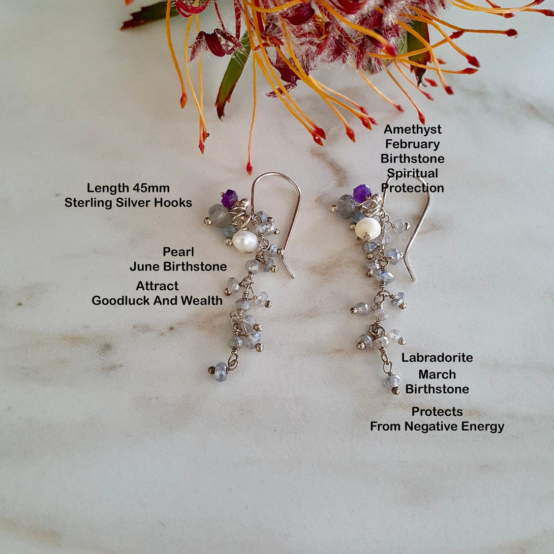 Handcrafted Sterling Silver Birthstone Gemstone and Pearl Drop Earrings, Symbolic Zodiac Gifts