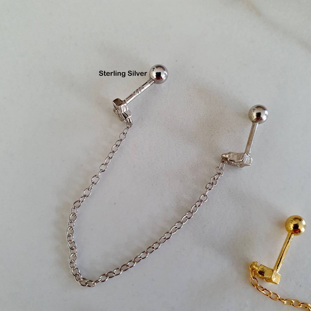 Double Piercing Chain Link Earrings In Sterling Silver And Gold, Lightning Bolt, Star, Heart