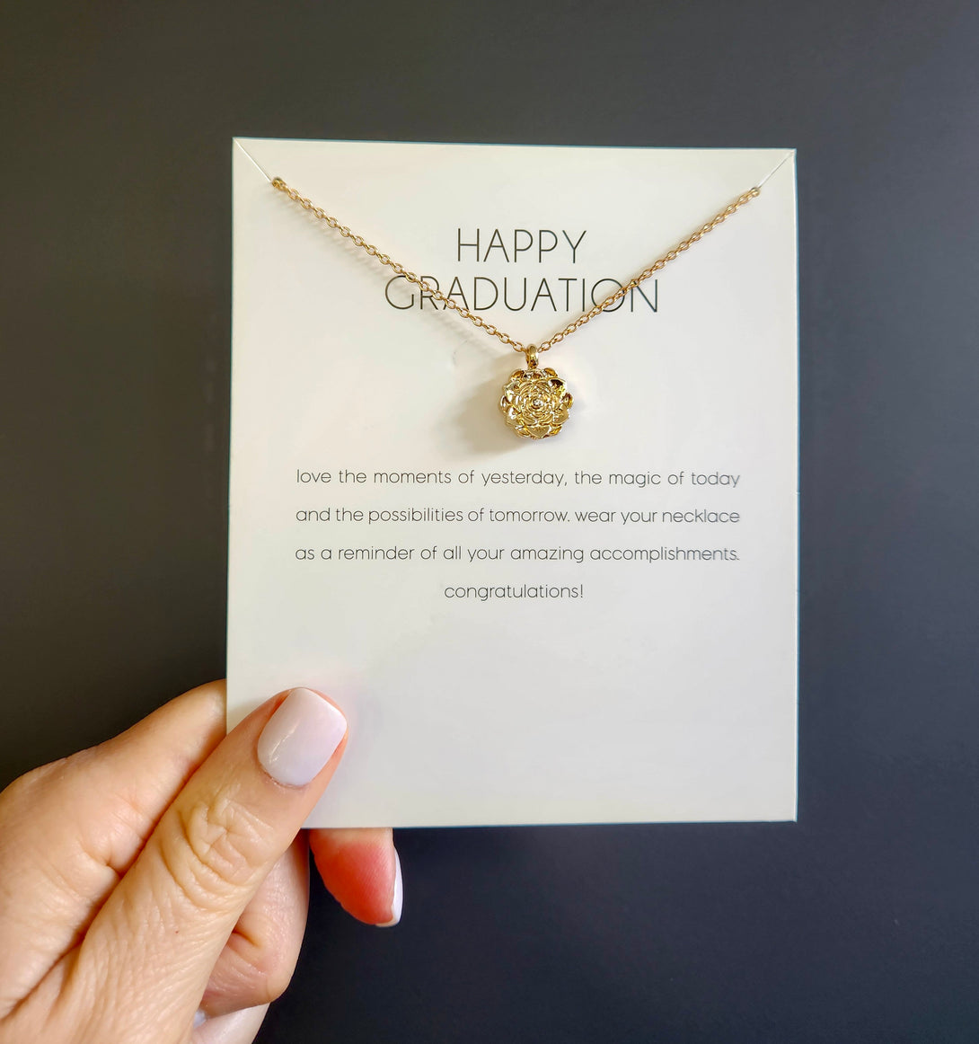 Graduation Gift , Symbolic Flower Pendant Necklace, Message Card Jewellery